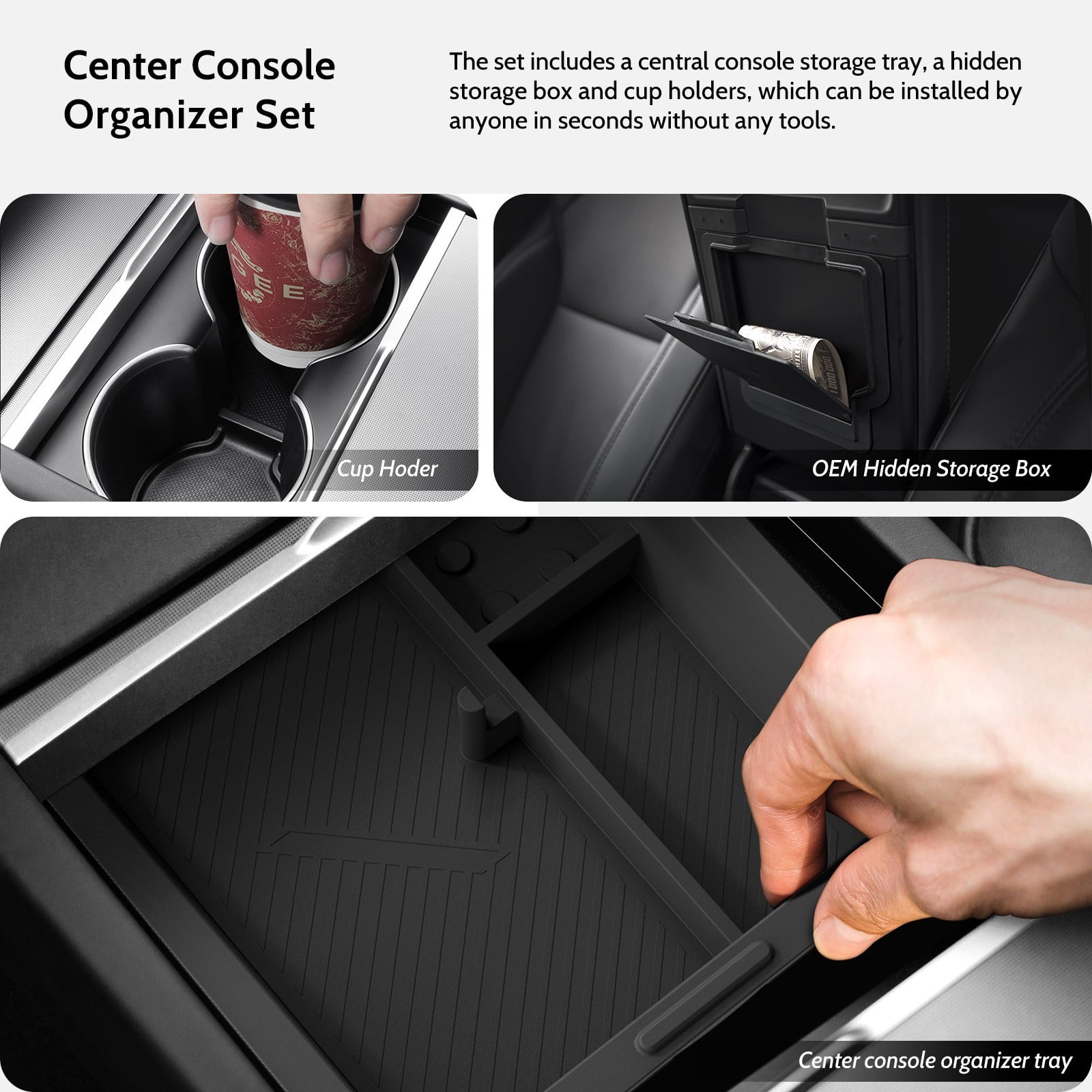 MOWLICAS Food-Grade Silicone Center Console Organizer, Tesla New Model Y 2026/2025 (Juniper) & Model 3 2024-2026 (Highland) Accessories, Bigger Divider Design for Maximize Space (Black)