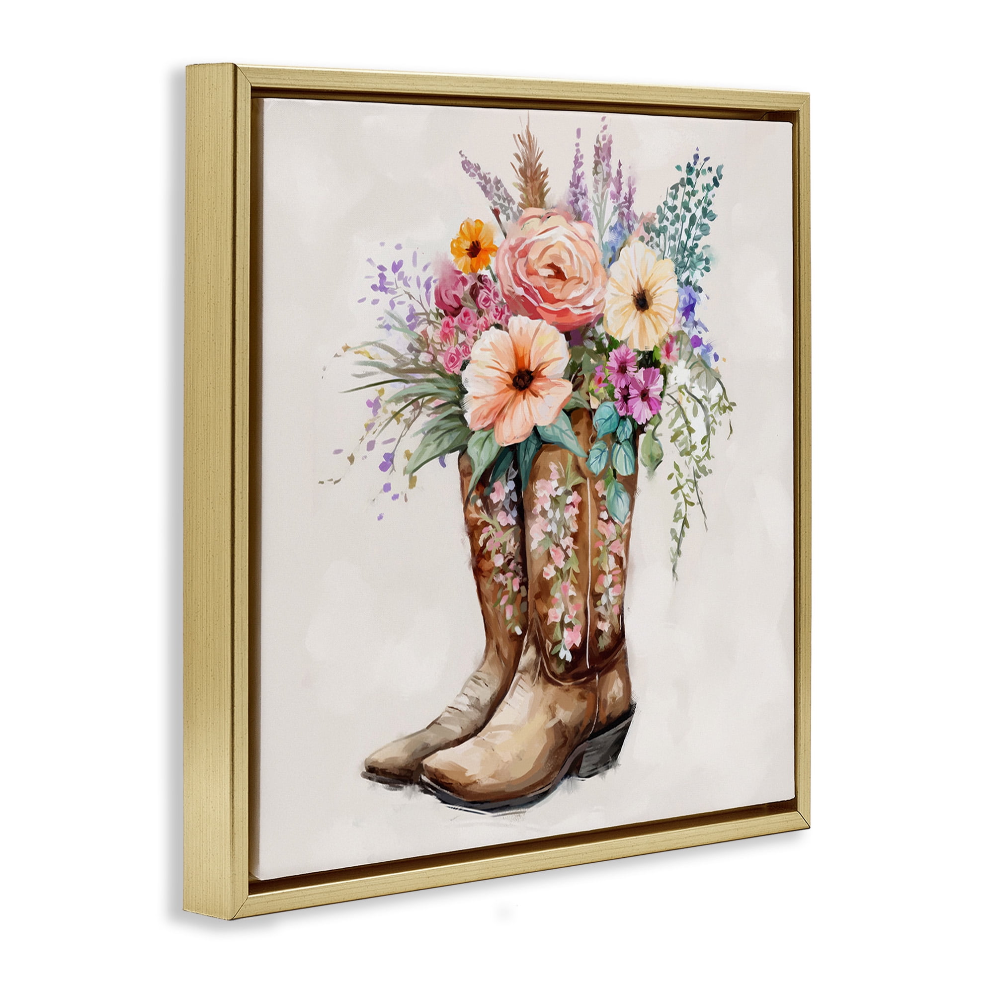 Stupell Industries Country Cowboy Boots Bouquet Botanical & Floral Painting Gold Floater Framed Canvas Art Print Wall Art, 25 x 25