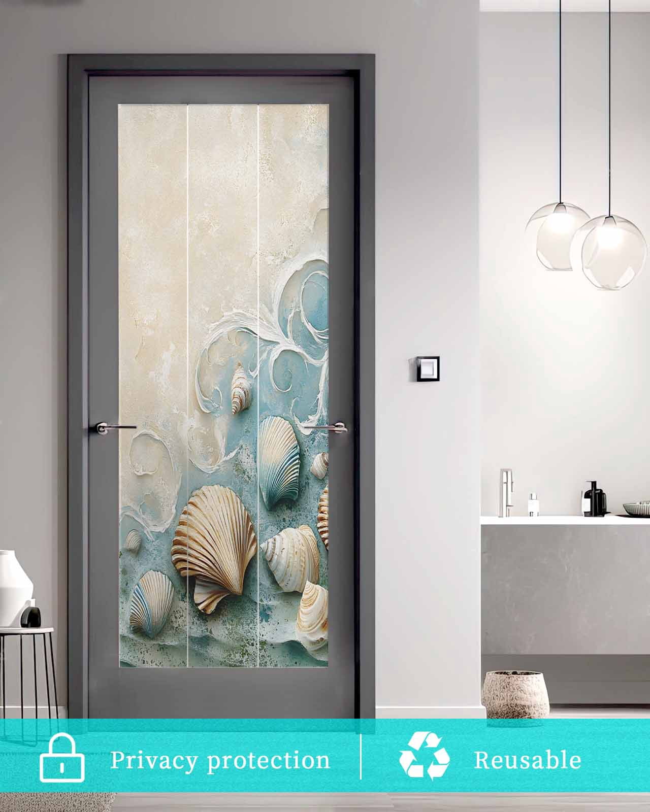 Window Privacy Film Coastal Shell Stained Glass Window Film Decorative Sun Block Window Cover Summer Beach Nautical Seaside Window Clings Static Adhesive Sticker for Bathroom 23.6"x59"