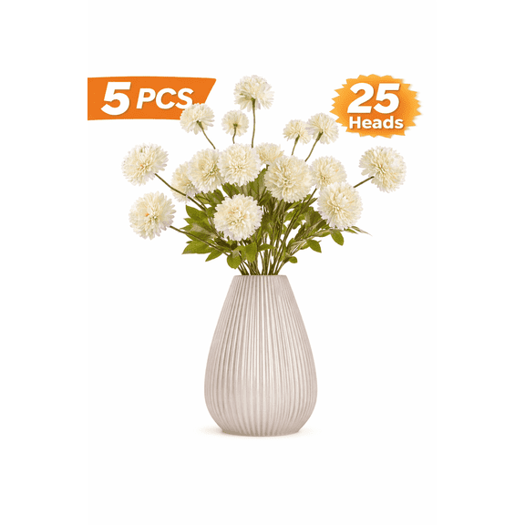 HUIANER 5Pcs Artificial Pompon Mum Flowers with Stems, White DIY Bouquet Centerpieces Arrangements Shower Decorations
