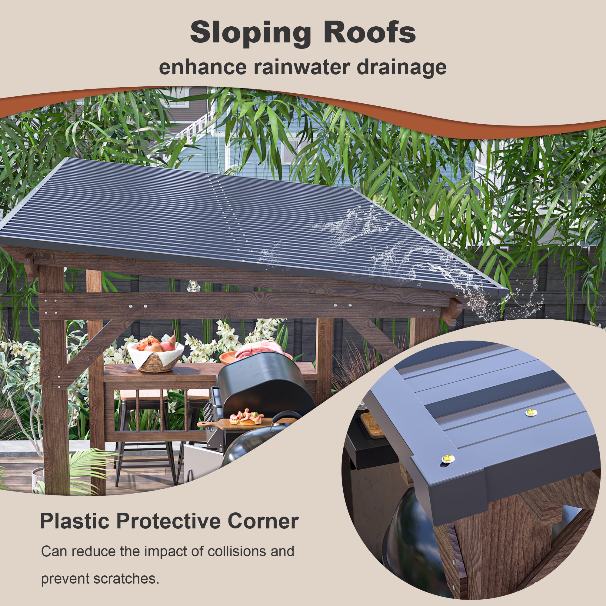 13'x6.5' Wooden Grill Gazebo with Sloping Metal Roof and 60 Pcs Bulbs, Grill Gazebo Suitable for 2 Bar Counters Grills, BBQ Canopy for Outdoor Patio, Lawn, Garden