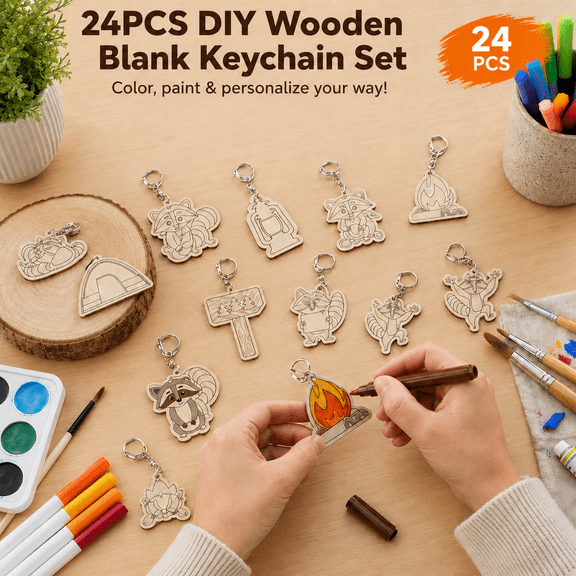 MORAVE 24 Pcs DIY Wooden Blank Keychains, 12 Styles Color Your Own Craft Keychains for Classroom, Party Favors and Gifts