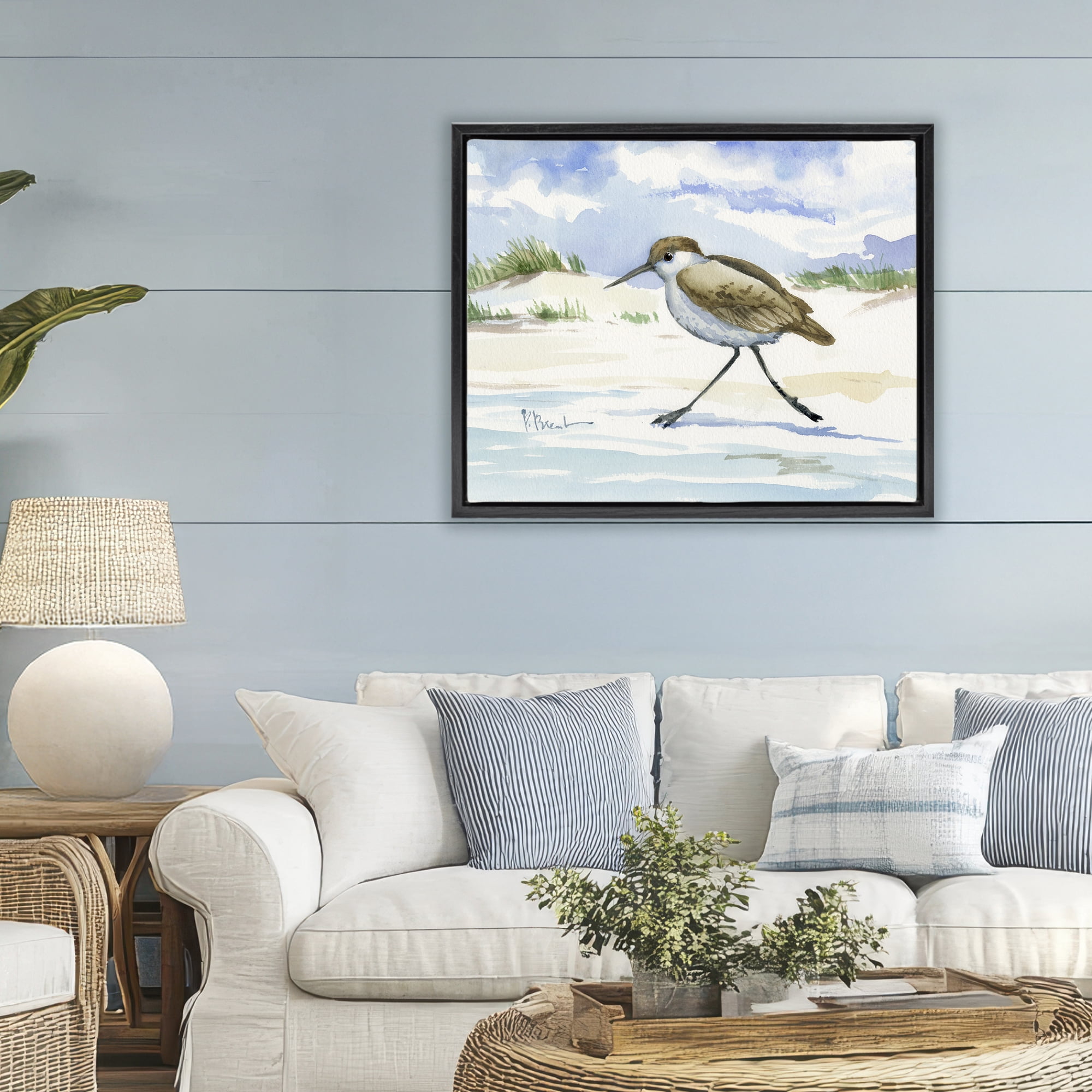 Stupell Industries Inlet Beach Sandpiper Running Black Framed Floater Canvas Wall Art, design by Paul Brent