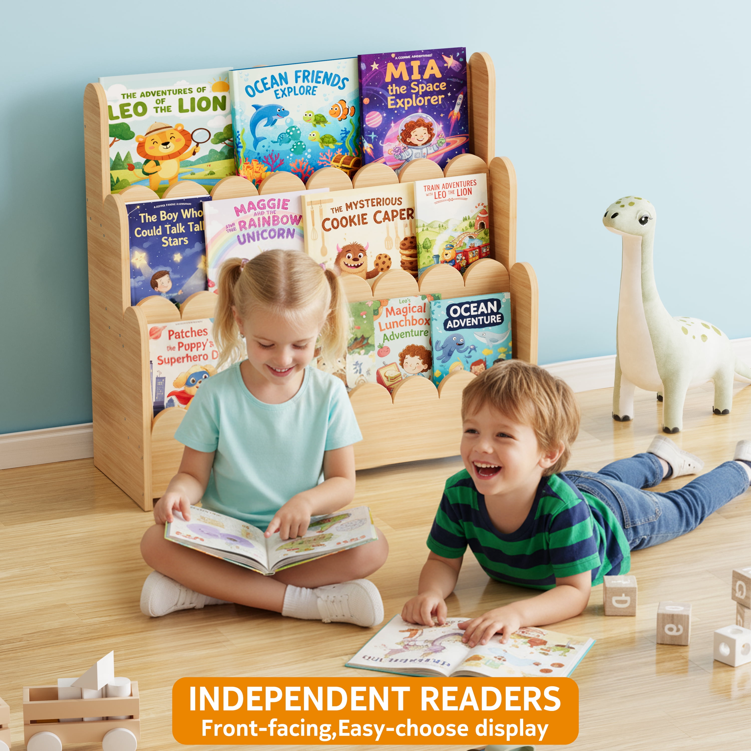 SpaceAid 3 Tier Wood Scalloped Bookshelf, Montessori Bookcase for Toddlers, Natural