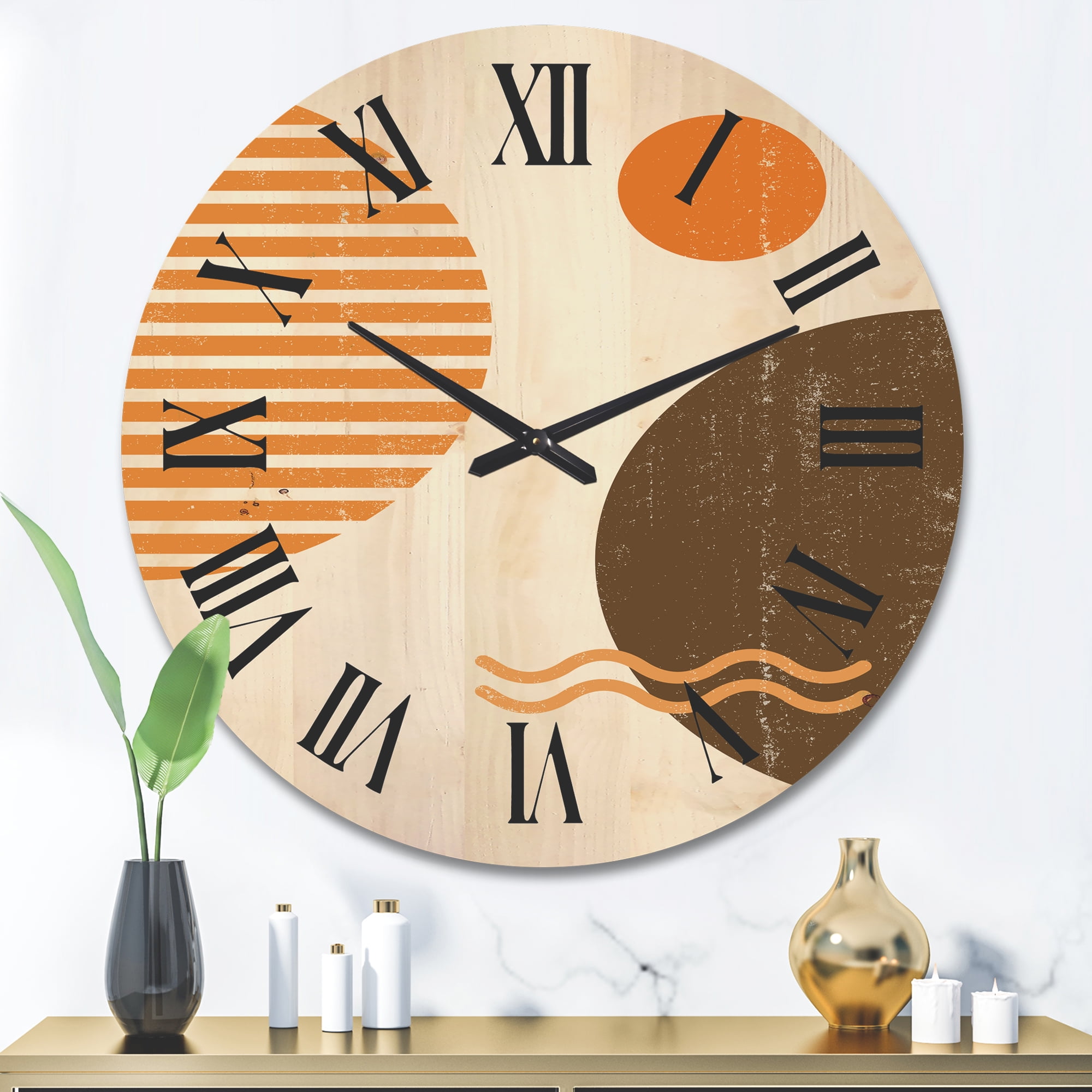 Designart 'Abstract Minimal Moon and Sun In Earth Tones III' Modern Wood Wall Clock