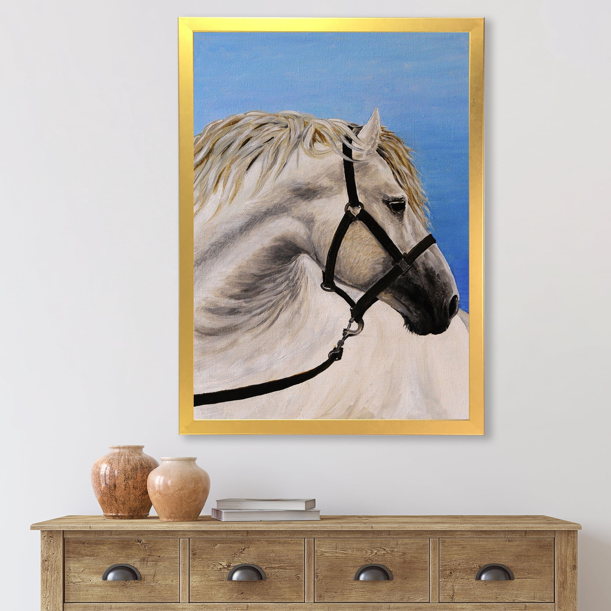 Designart 'Close Up Of White Horse In The Furrow' Farmhouse Framed Art Print