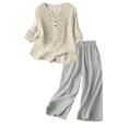 thumbnail image 3 of Women's Casual Solid Color Cotton Linen Embroidered Pants Suit Set, 3 of 8