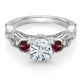 thumbnail image 2 of Gem Stone King 925 Sterling Silver White Moissanite and Red Rhodolite Garnet Engagement Ring for Women (1.31 Cttw, Gemstone, Round 6MM and 3MM, Size 8), 2 of 4