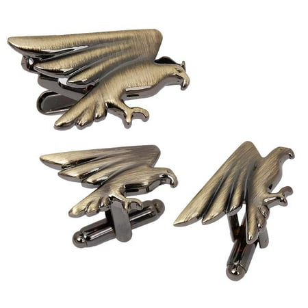 - BMC 3pc Antique Gold Mens Pop Culture Fashion Attacking Eagle Bird Tie Bar Clip - Cufflinks Set