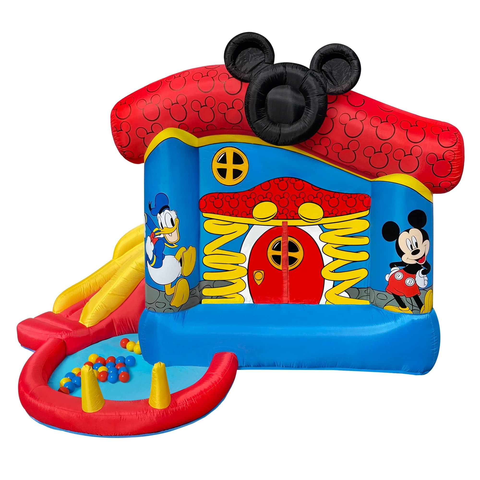 Funormous Disney Mickey Mouse Bounce House with Slide, Indoor Outdoor Inflatable Bouncy Castle Funhouse Ball Pit Plus Heavy Duty Air Blower for Kids Ages 3-8 Years