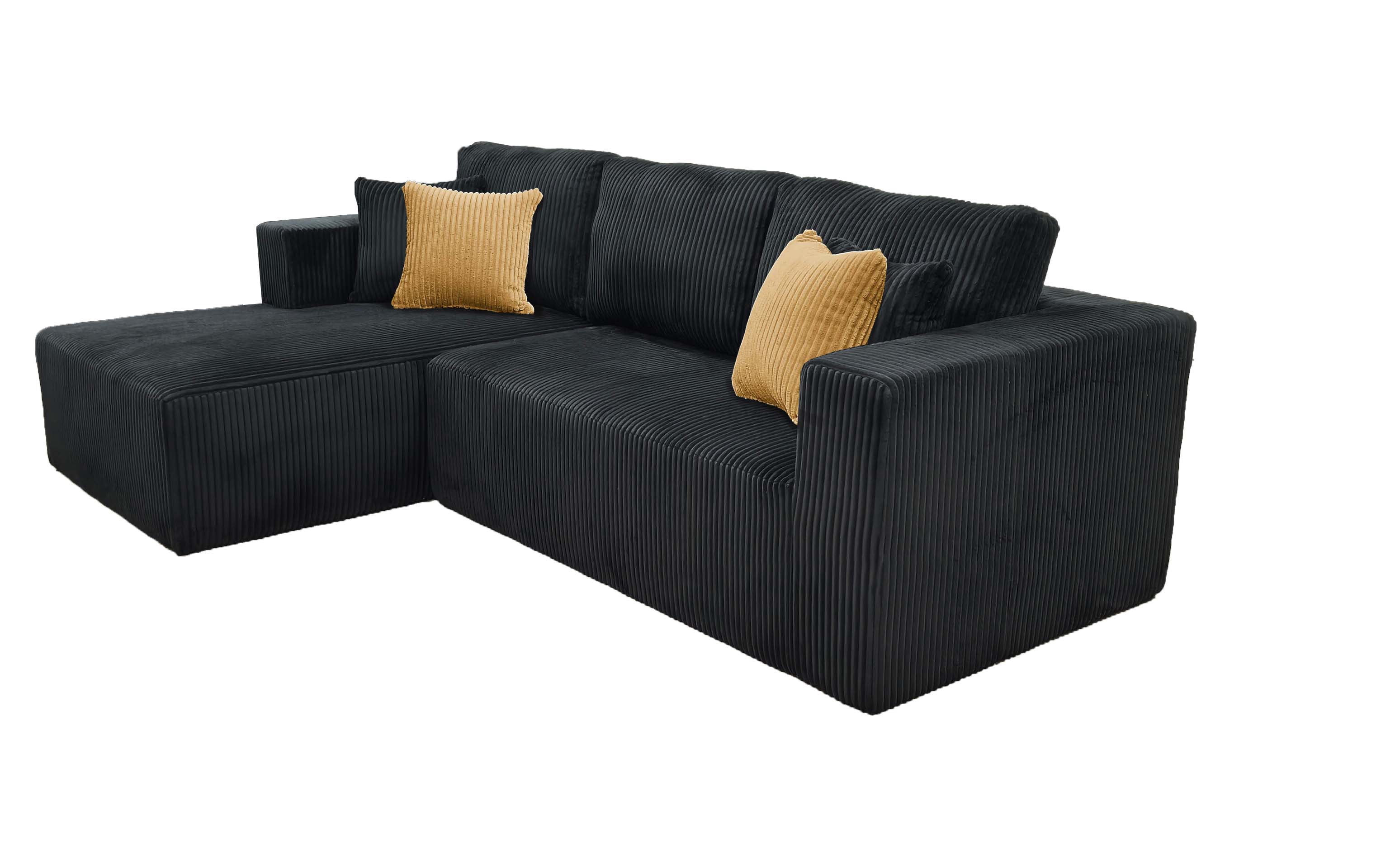 102" Modular Sectional Boneless Sofa, L-Shaped Cloud Couch with Left Facing Chaise, No Assembly Corduroy Sleeper Sofa, Plush Deep Seat Modular Couch with Toss Pillows for Living Room, Black
