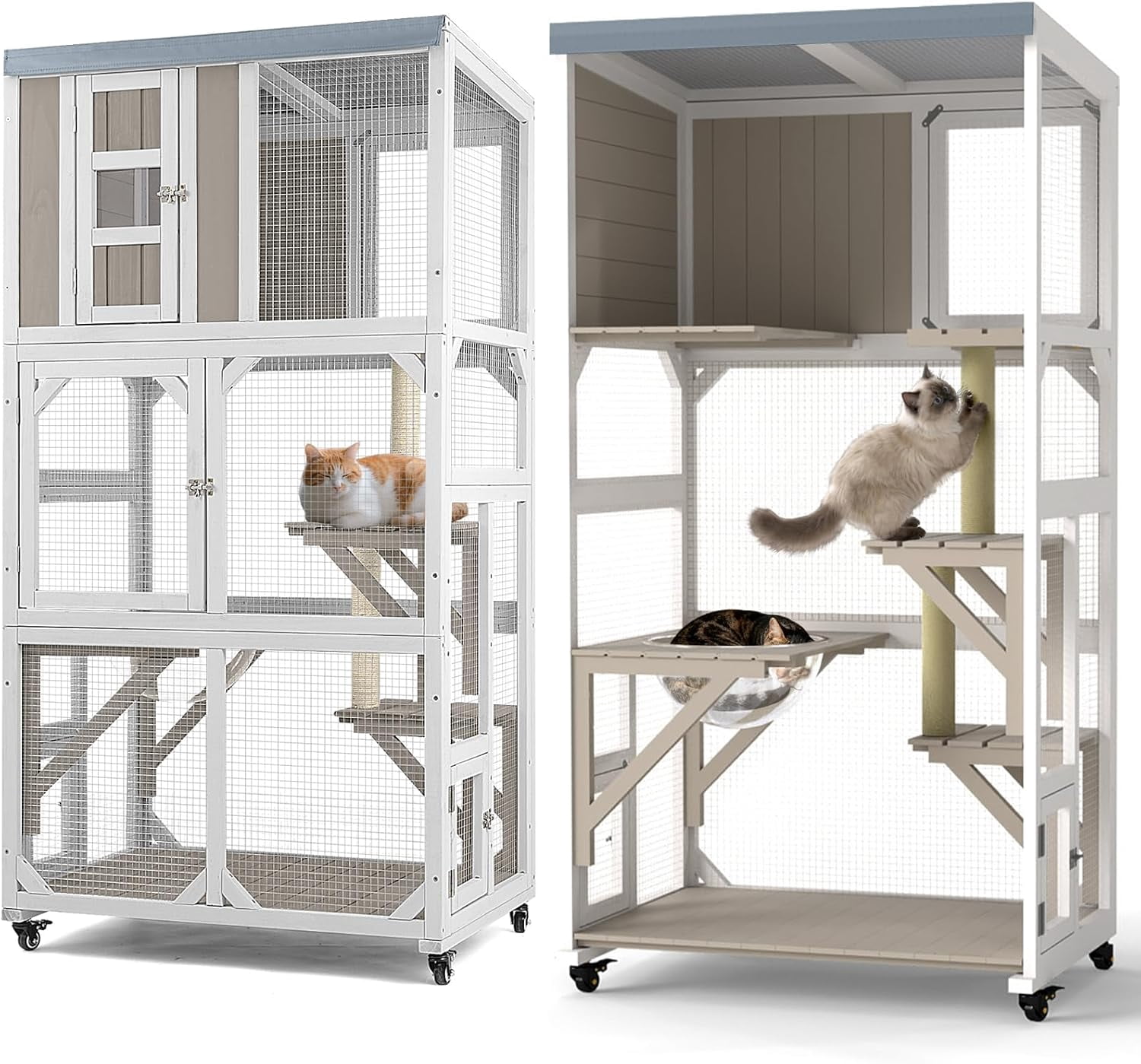 Petsblublu Outdoor Cat Enclosure with Wheels, Window Catio Large Cat House with 3 Platforms