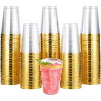 Sparklane 100 Pack Gold Plastic Disposable Cups, 12 oz Clear Plastic Cups Tumblers, Elegant Gold Rimmed Disposable Glasses Perfect for Wedding, Thanksgiving Day, Christmas