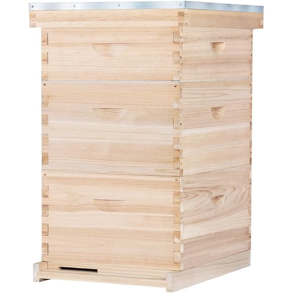 POLLIBEE Bee Hive,10 Frame Bee Hives Boxes Starter Kit, Langstroth Beehives Include 2 Deep Hive Boxes and 1 Medium Super Bee Box, Include Bee Hive Frames and Wax Foundation Sheet.