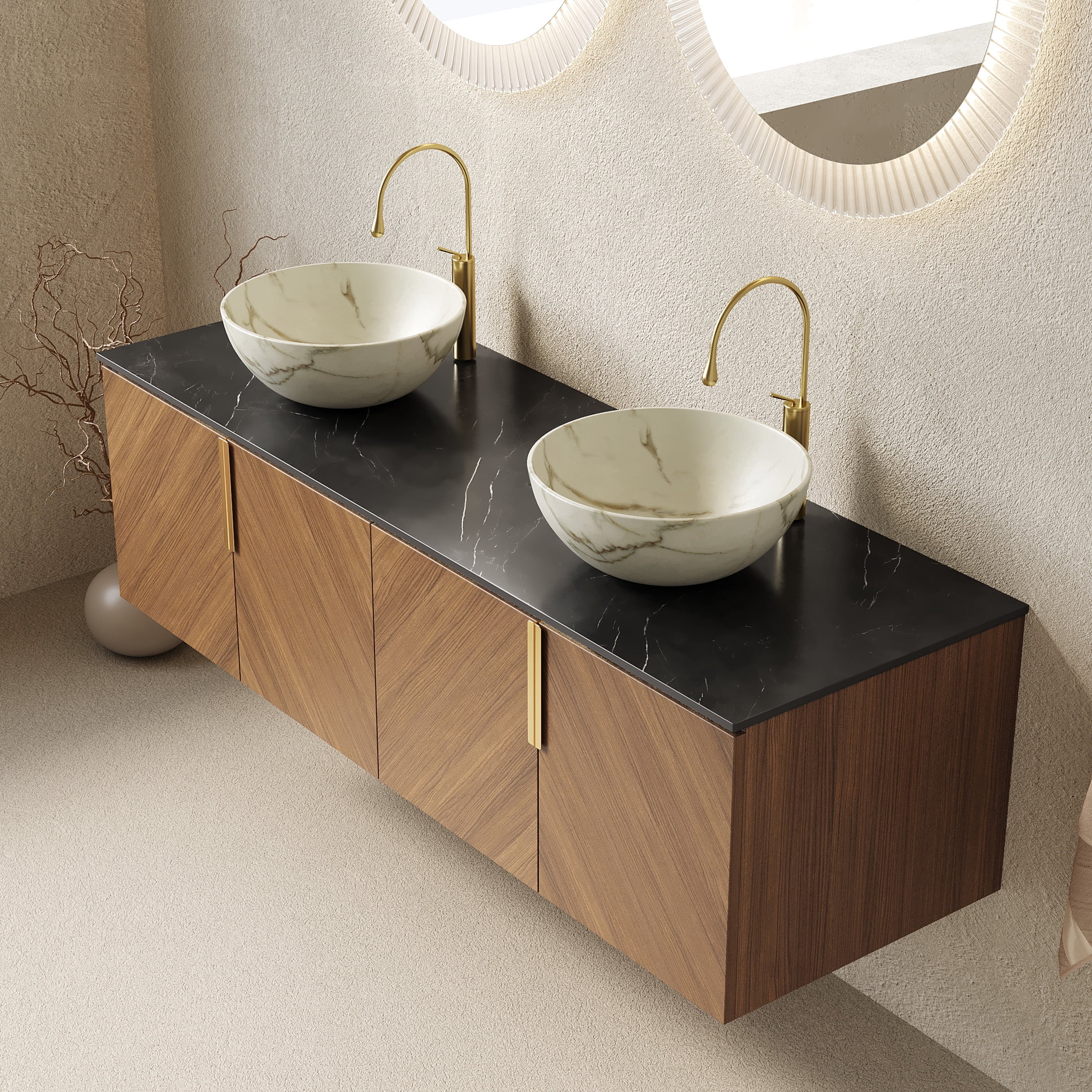 Noble House ARAI 60" Floating Double Bathroom Vanity, Sintered Stone Top Cabinet with Dual White Bowl Sink, Oak