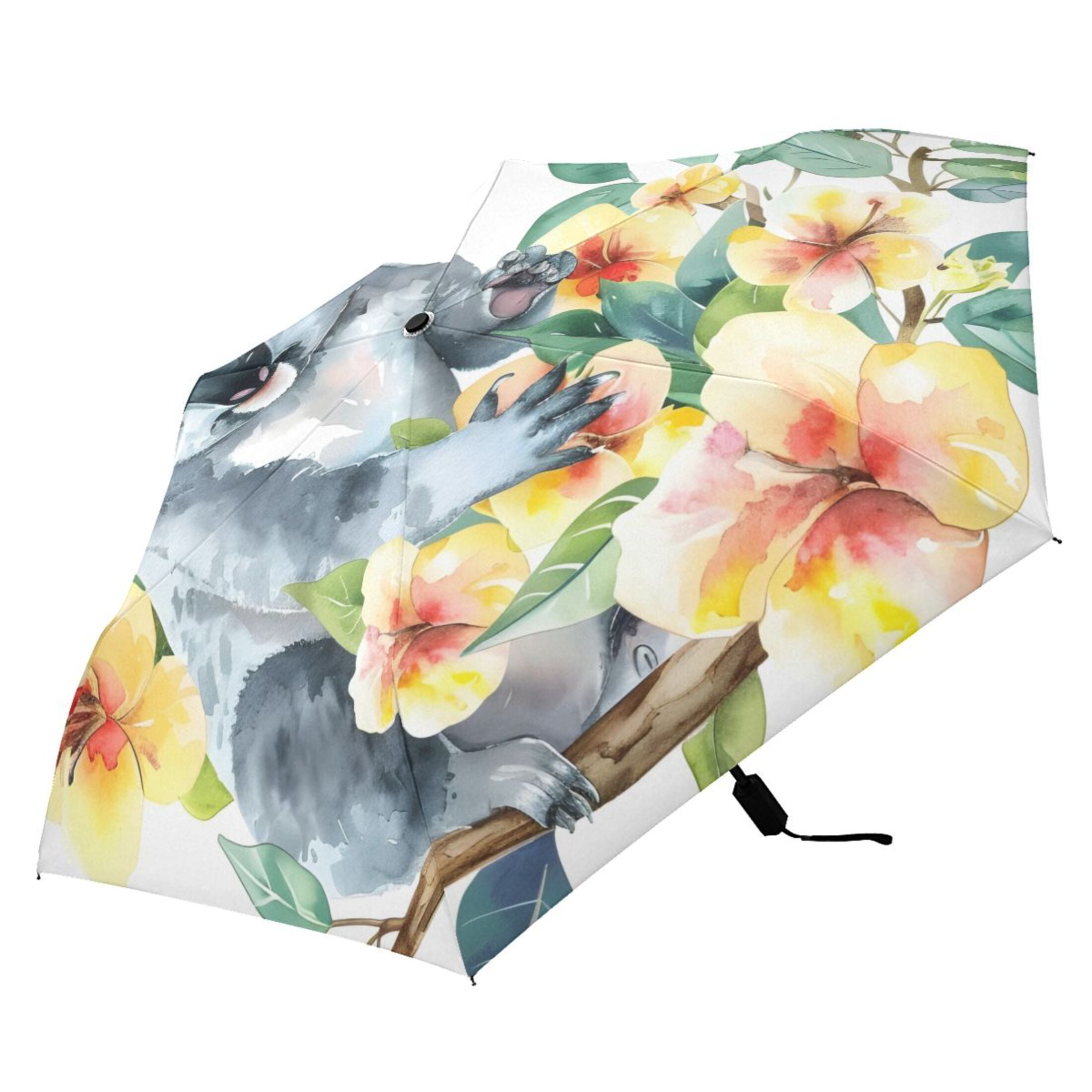 Koala with Flowers Compact Sun Umbrella Windproof Travel Umbrellas for Rain Strong Portable UV Protection