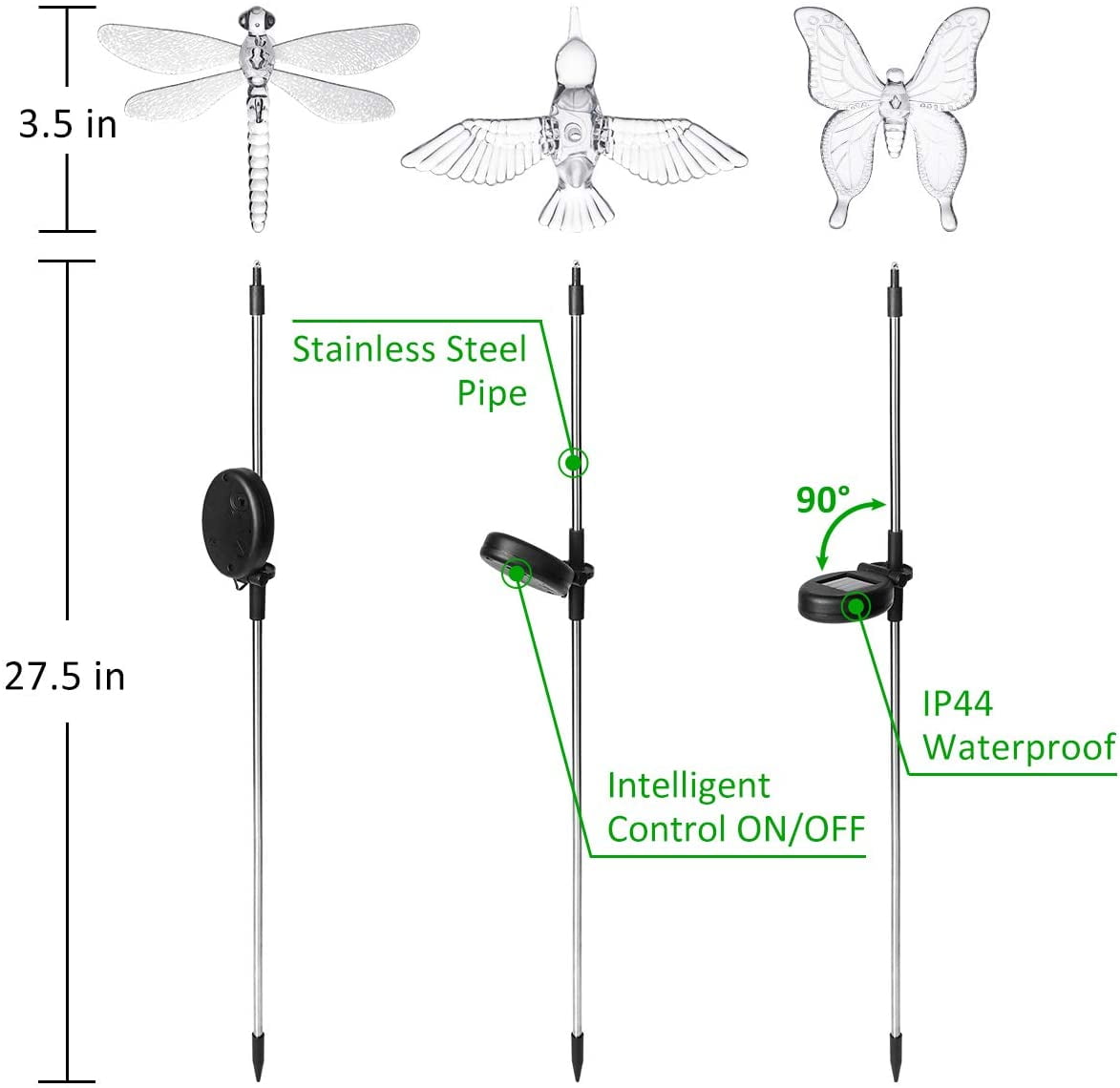 Solar Garden Lights, 3 Pack Solar Garden Stake Light, Multi-color Changing Solar Powered Decorative Landscape Lighting Hummingbird Butterfly Dragonfly for Outdoor Path, Yard, Lawn, Patio