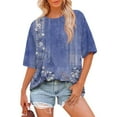thumbnail image 5 of V-Neck Women's Short Sleeve T-shirt Summer Tops For Women Short Sleeve Crewneck Oversized T Shirts Trendy Solid/Flower Printed Beach Vacation Clothes,Blue Women's Short sleeve T-shirt XXXL, 5 of 5