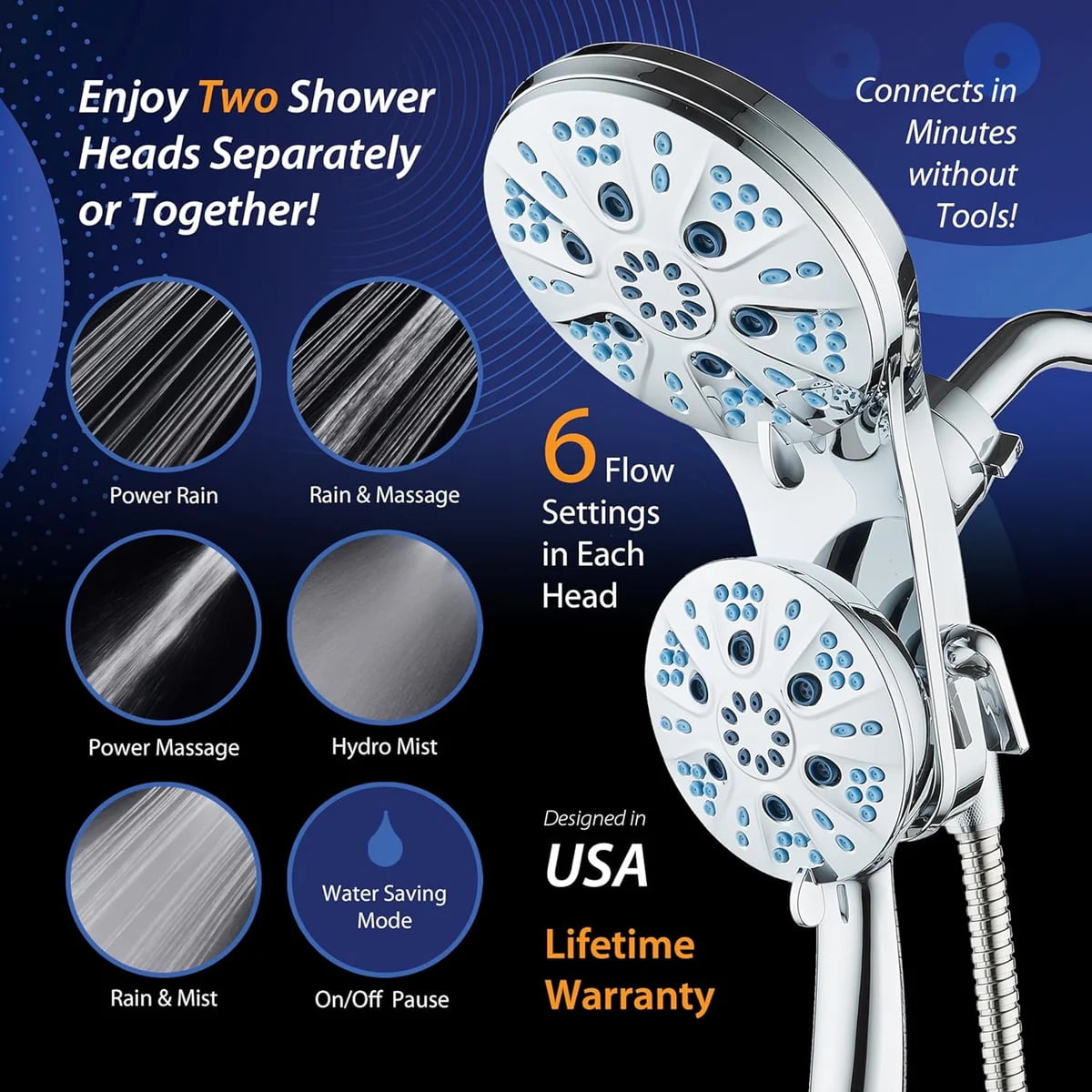 Magneton by AquaCare - High-pressure 48-setting 3-way Luxury 2-in-1 Dual Showerhead Combo with 6" Rain Showerhead, Antimicrobial Nozzles and Space-age Socket-Lock Magnetic Docking