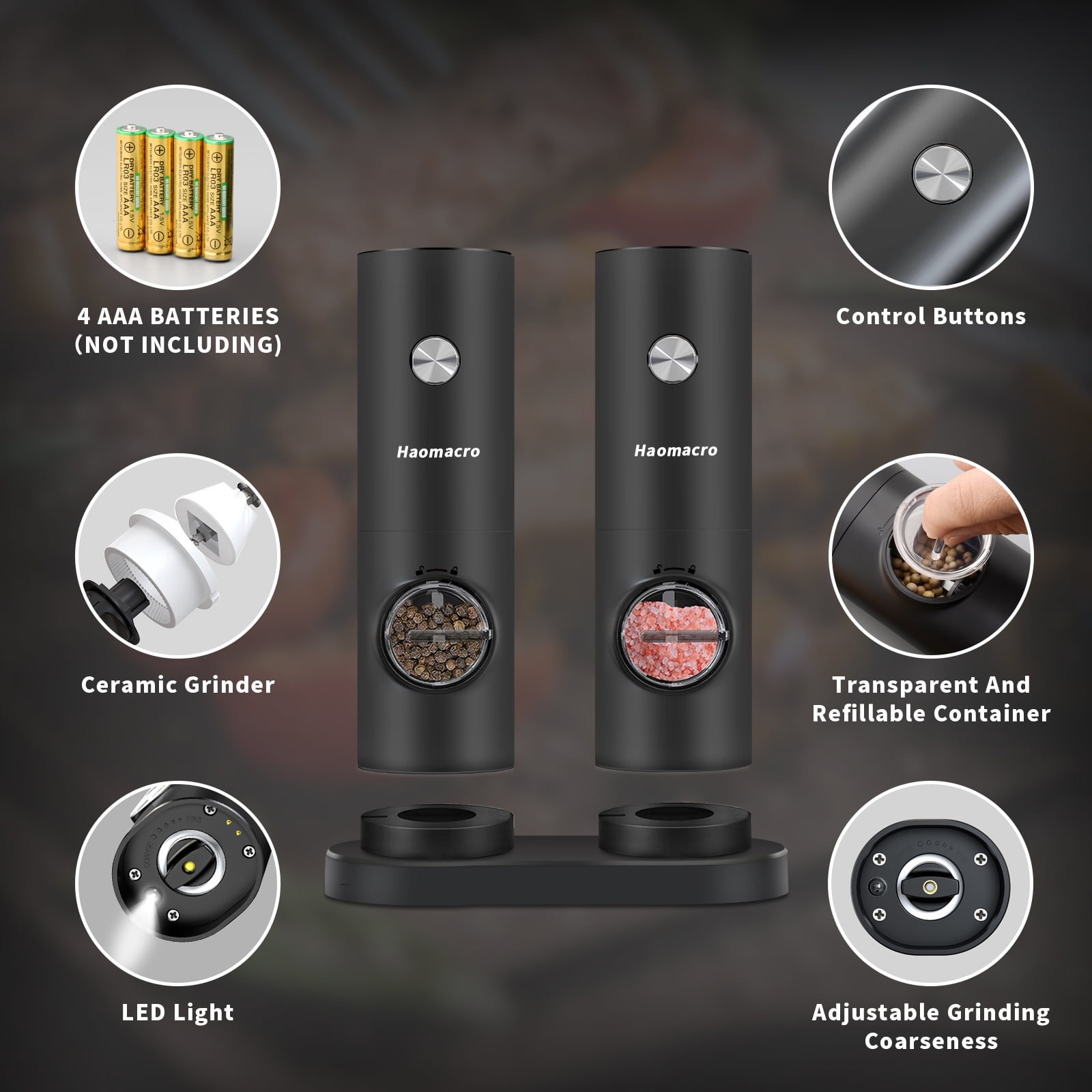 Electric Salt and Pepper Grinder Set - Rechargeable Automatic Salt and Pepper Shakers, Kitchen Appliances with External Adjustable Coarseness, Larger Hopper for Cooking, Home Gifts