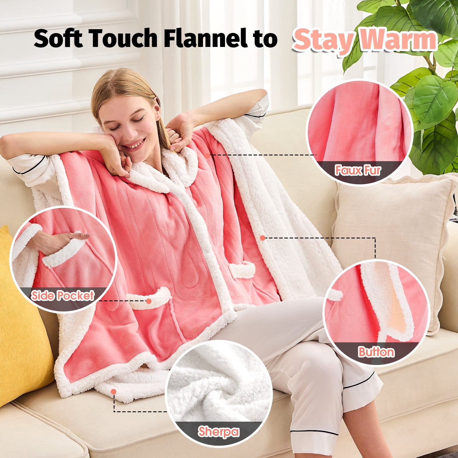 PMONPA Wearable Heated Throw Blanket for Adult, Electric Heated Wrap Poncho Shawl with Pockets, 6 Heating Levels & 2 to 10 Hours Time Settings, 51" x 61", Pink