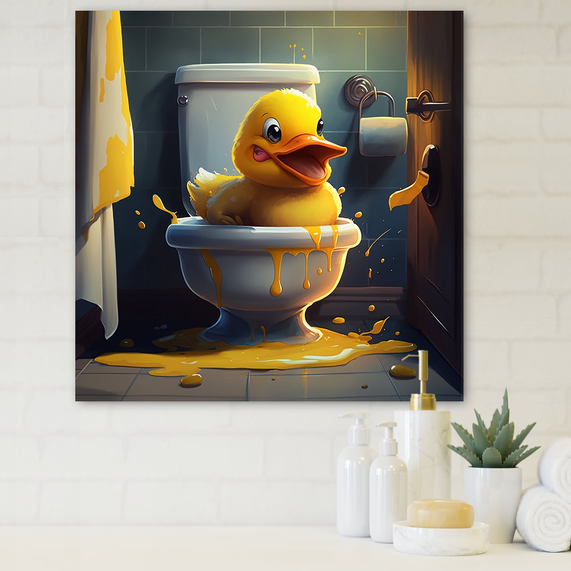 Designart Funny Duckling Missed The Toilet II Canvas Wall Art