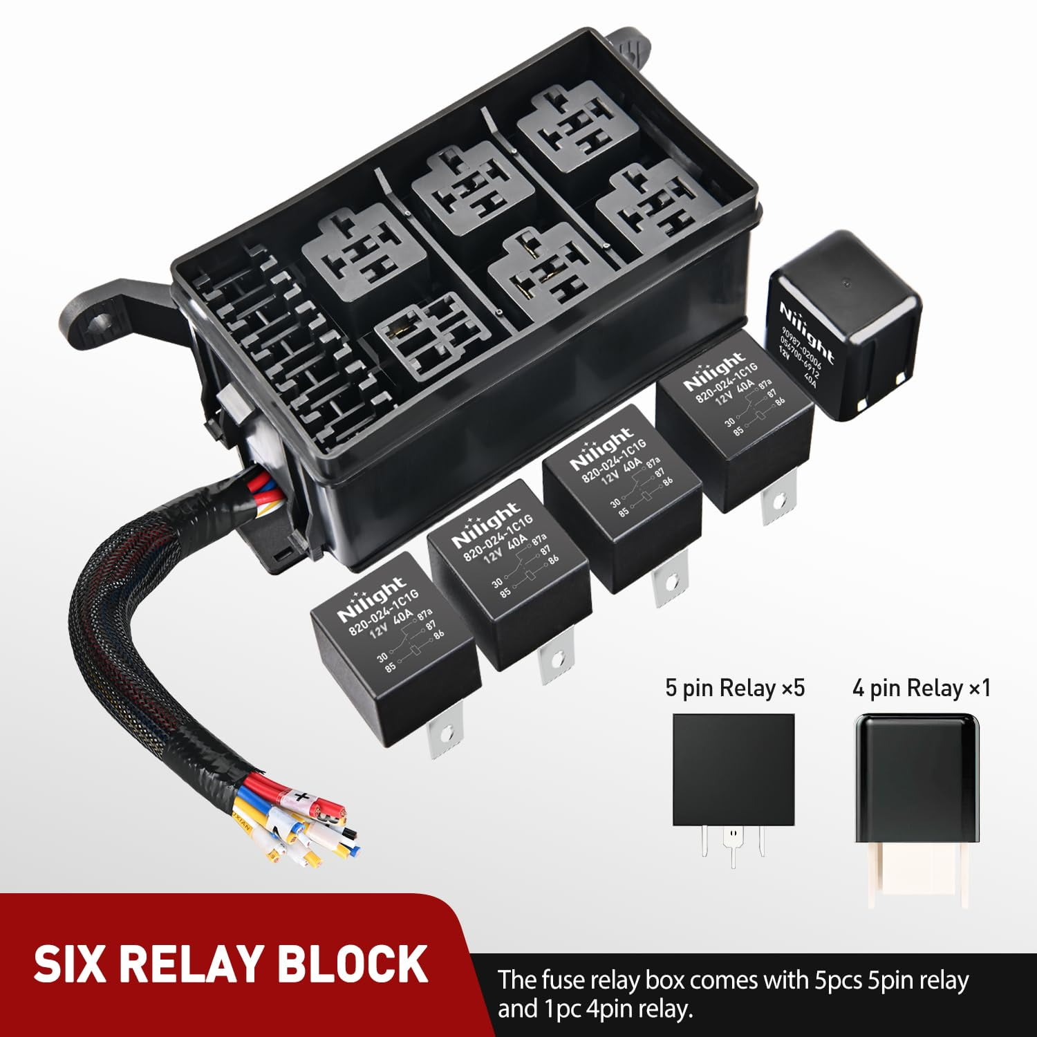 Nilight 12V Fuse Relay Box 6 Relays 6 Slots ATC/ATO Blade Fuse Holder 4Pin 5Pin  40A Relay Pre-Wired Waterproof Block Kit Universal for Automotive Car Truck Camper Boat