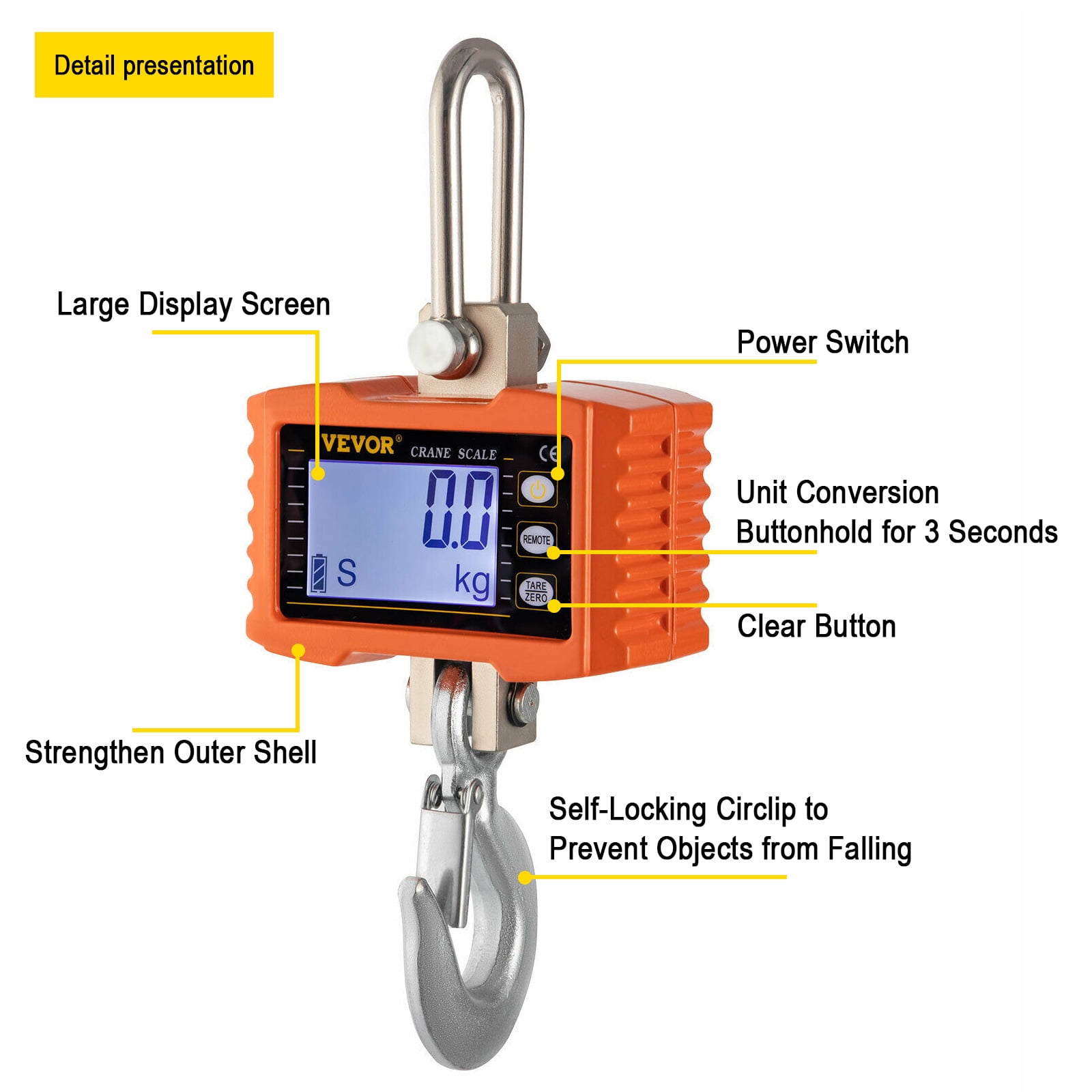 VEVOR Digital Crane Scale 1000KG 2000LBS Orange Digital Industrial Heavy  Duty Crane Scale with Accurate Reloading Spring Sensor for Hunting, Farm or  Construction 