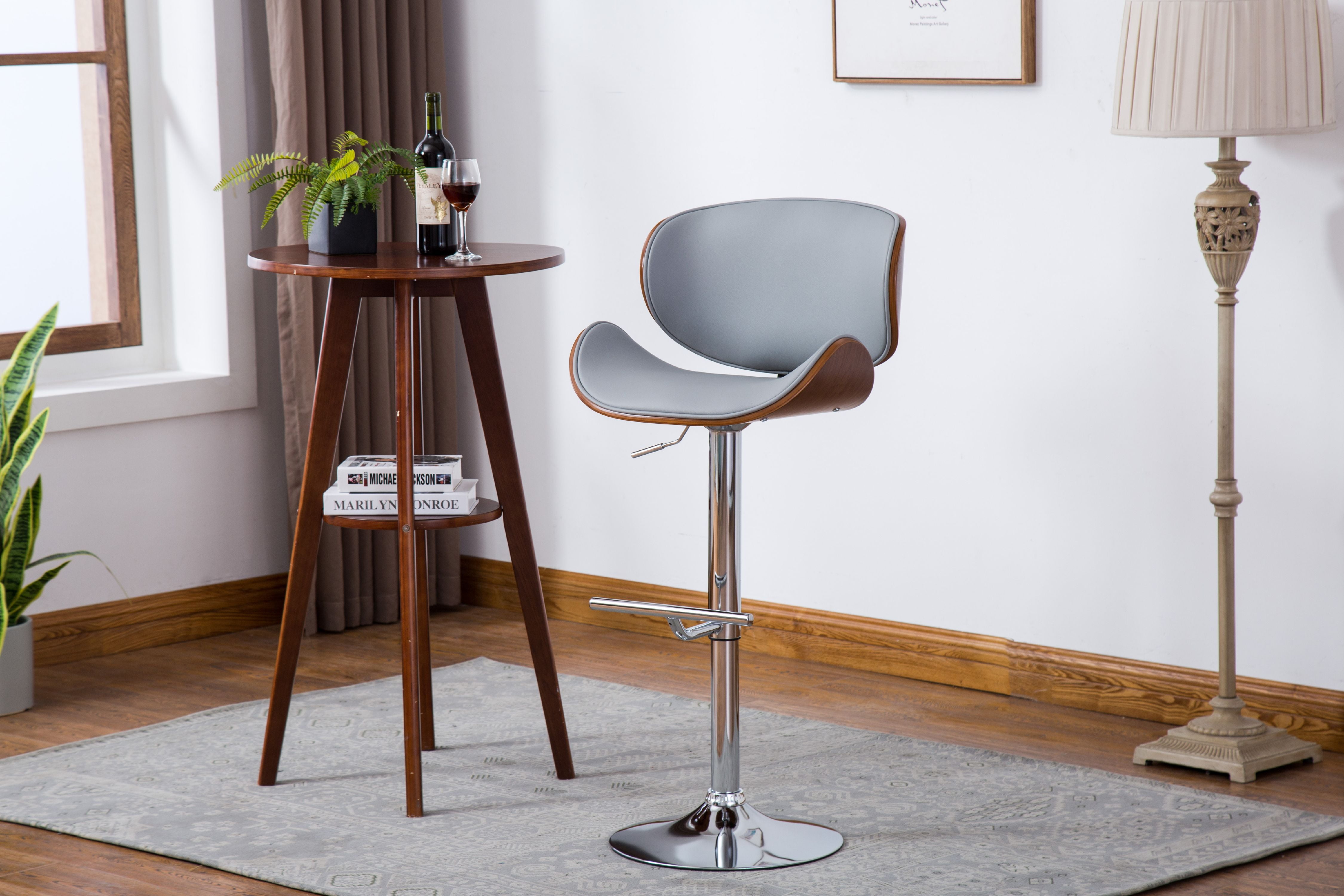 Modern Contemporary Swivel Walnut Bentwood Lift Adjustable Height Bar Stool with Curved Seat and Back (Gray)