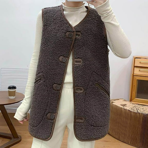 Tejiojio Coats Women Pocket Vest Coat Jacket Winter Sleeveless Fleece Button Solid Outerwear