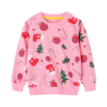 HILEELANG Toddler Girl Christmas Sweatshirts Pink Sock Graphic Cotton Crewneck Pullover Tops Sweater Shirts 2T