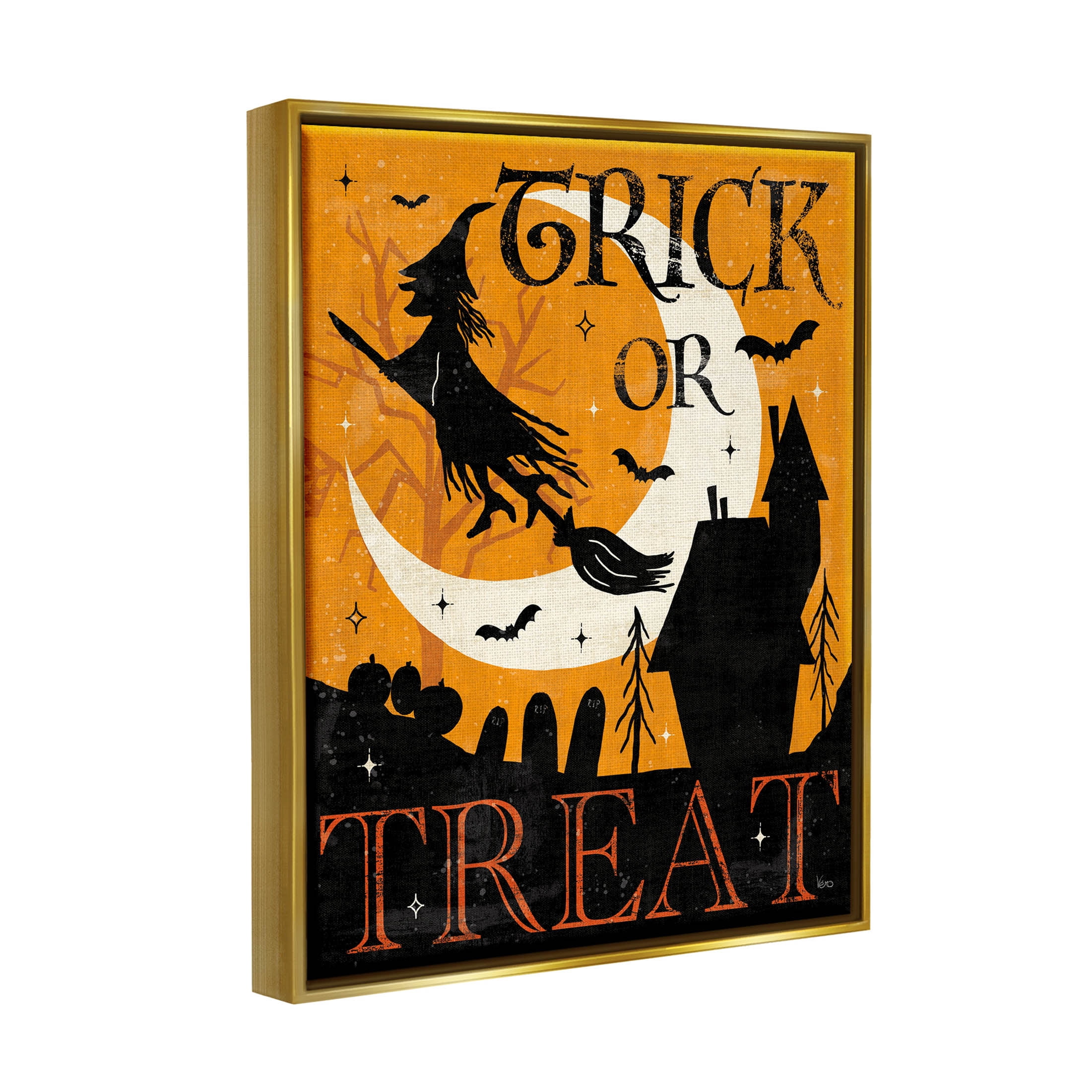 Stupell Industries Trick Or Treat Halloween Witch Graphic Art Metallic Gold Floating Framed Canvas Print Wall Art, Design by Veronique Charron