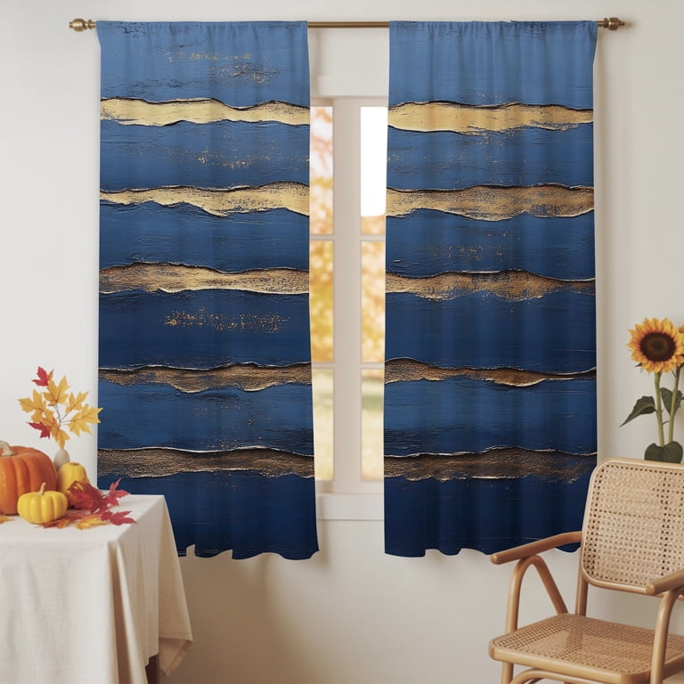 Semi Sheer Curtains Panels, Gold Navy Blue Stripes Abstract Sea Wave ...
