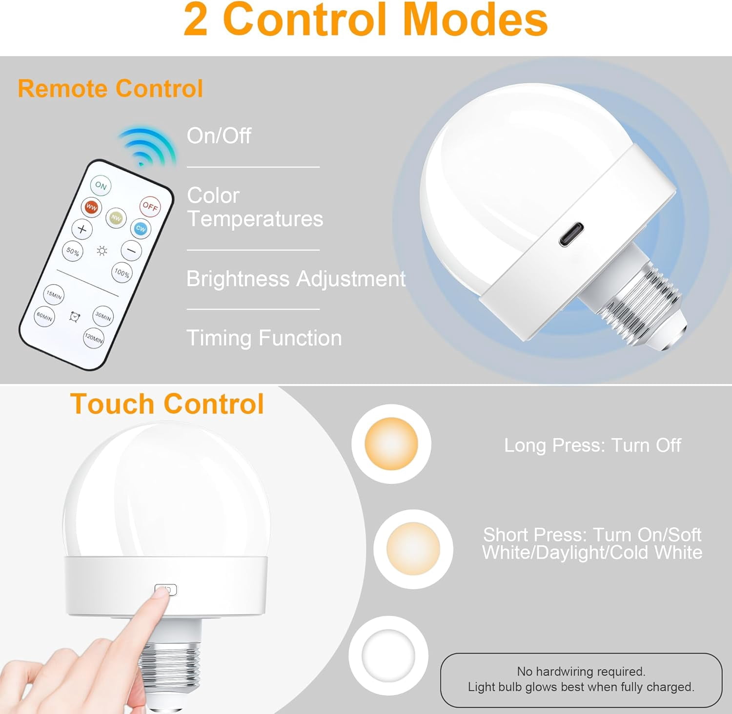 Rechargeable Battery Operated Light Bulbs, 300LM E26 Socket (Magnetic Detachable) Light Bulb for Lamps with Remote Control Dimmable＆Timer, Puck Emergency Lamp for Non-Hardwired Wall Sconce (Pack