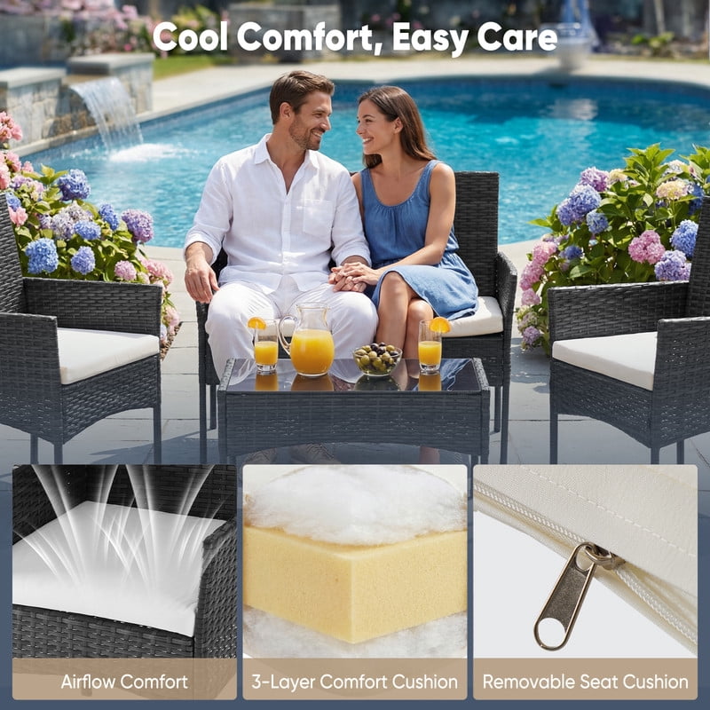 Gianna 4-Piece Patio Furniture Set, Outdoor Wicker Rattan Chairs with Removable Cushion & Glass Table, Conversation Furniture for Porch, Garden, Backyard, Poolside - Black(new style)