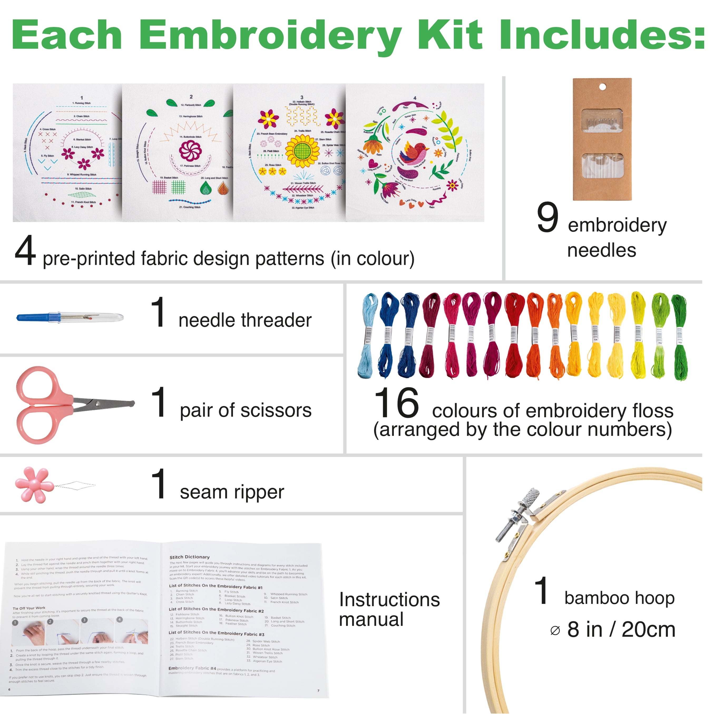 aZenera Embroidery Kit for Beginners - Learn 33 Stitches with Video Instructions, Cross Stitch Tutorials, Hoop, 4 Pattern Designs