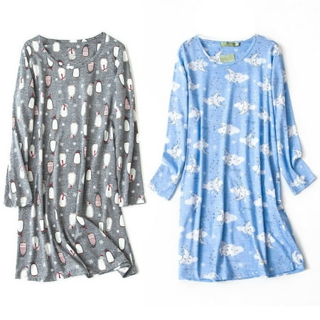 

FEREMO Women s Sleepwear Knitted Cotton Sleep Shirts Cute Cartoon Cozy Long Sleeve Sleep Dresses 2 Pack Home Wear