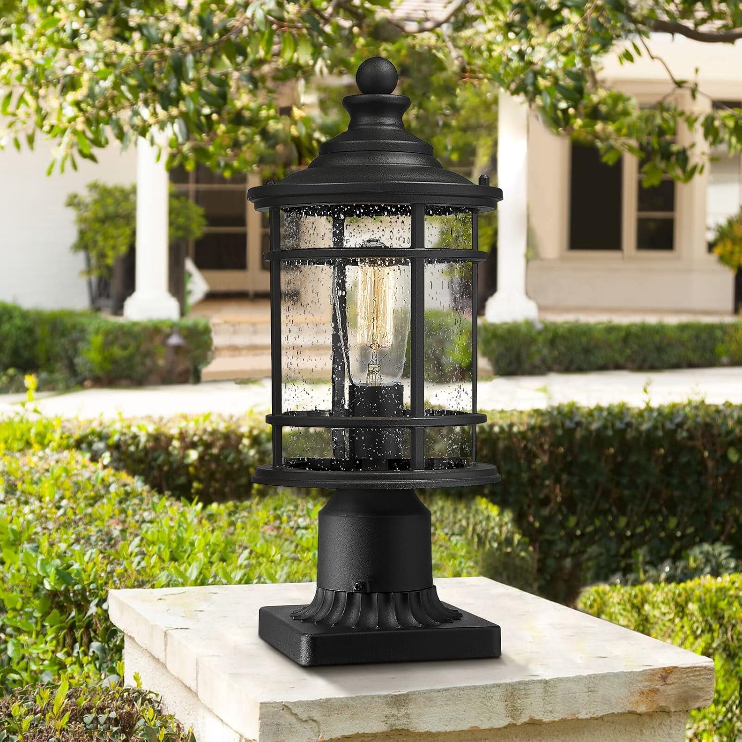 Emliviar Outdoor Lamp Post Light, 15 inch Farmhouse Post Lamp, Black Finish, E26 Base, Seeded Glass, XE229P BK