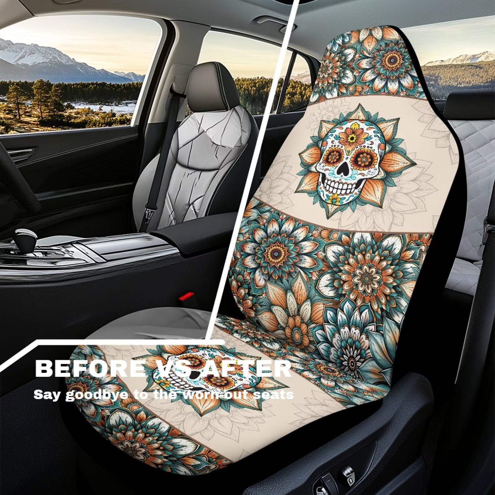 Yuyamidu Skull Car Seat Covers Set of for 2 Front Seats, Boho Mandala Flower Auto Accessories Decor Universal Fit for Car Truck SUV