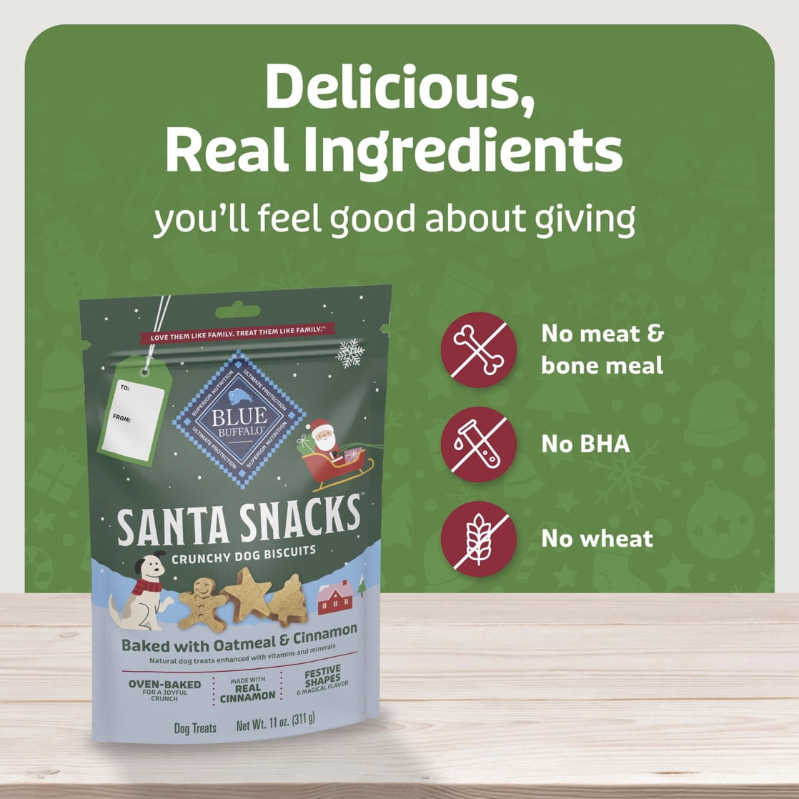 (2 pack) Blue Buffalo Santa Snacks Crunchy Dog Biscuits, Oven-Baked, Oatmeal & Cinnamon, 11-oz. Bag