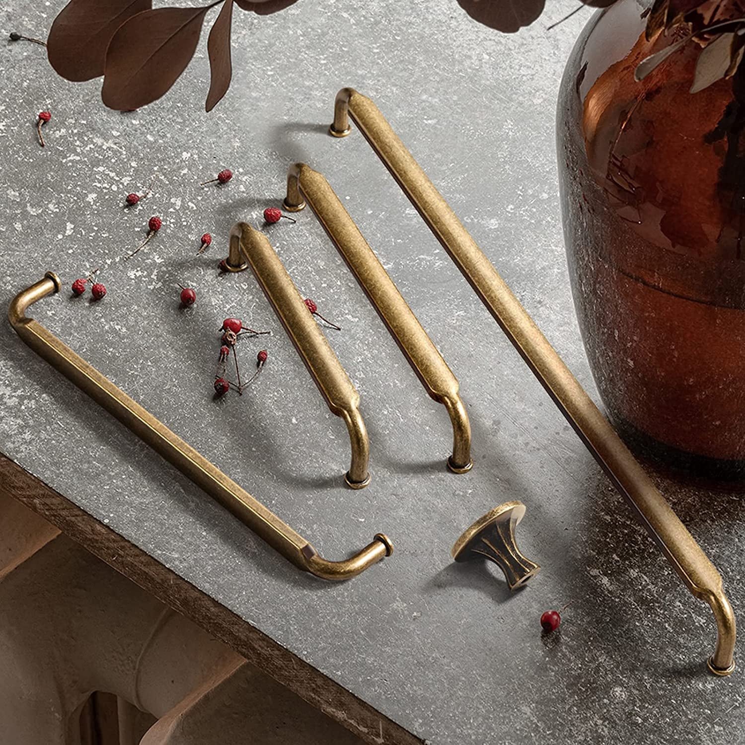 5 Inch Hole Center Antique Brass Zinc Alloy Cabinet Pulls Kitchen Cabinets Hardware, 6 Pack Vintage Brass Solid Cabinet Handles Drawer Pulls