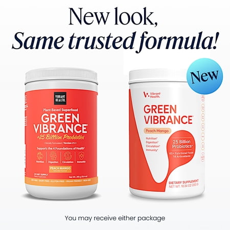 Vibrant Health, Green Vibrance, Includes 65 Plant-Based Superfoods, 25 Billion Probiotics, Fiber, Adaptogens & Enzymes, Peach Mango, 10.4 Ounces (25 Day Supply)