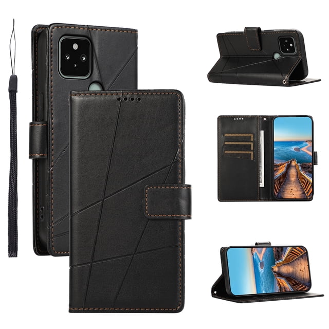 Google Pixel 5 Case ,Vintage PU Leather Flip Cover Card Slots Magnetic Kickstand Hand Strap Case for Google Pixel 5