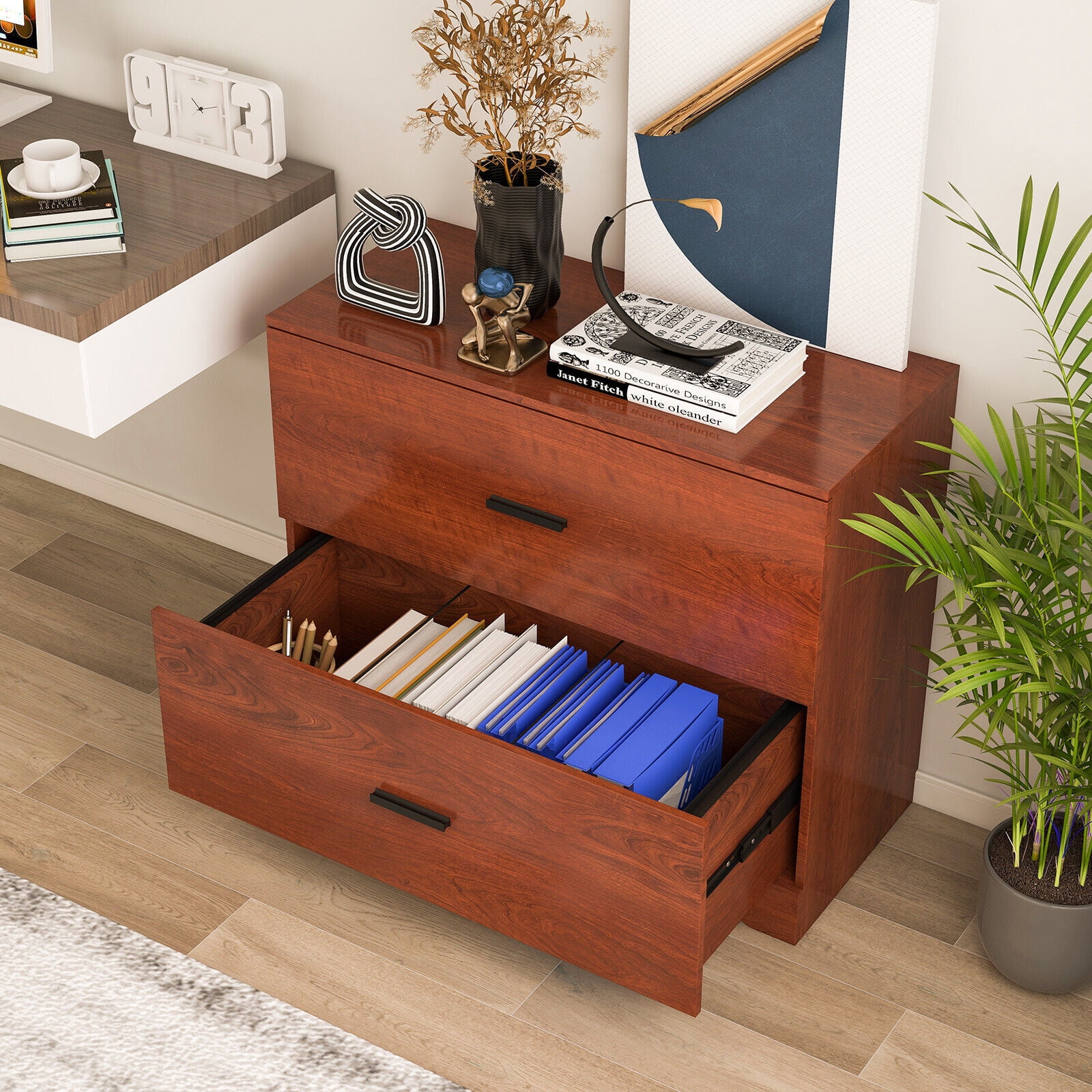 Amijoy 2-Drawer Wood Lateral File Cabinet w/ Adjustable Bars for Home Office Walnut