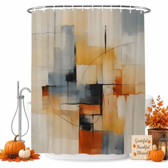 Abstract Block Shower Curtain, Minimalist Gray Beige Yellow Red Paint Layer Waterproof Shower Curtain Set with 12 Hooks Lightweight Bath Curtains Fabric Bathroom Decor 72x96 Inches