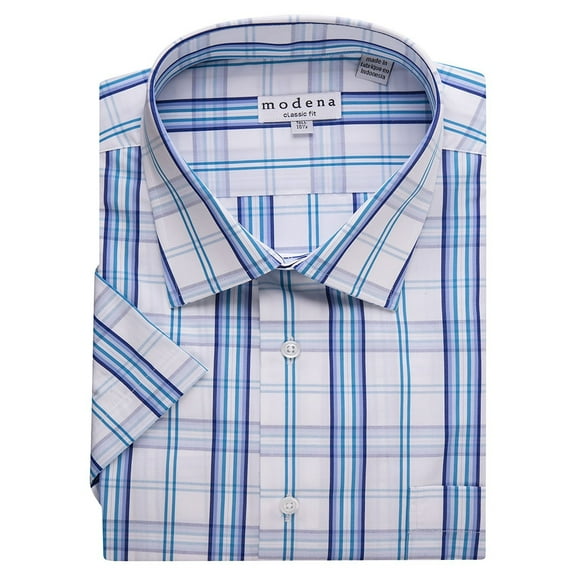 Modena Men's M199DDSS Cotton Blend Short Sleeve Plaid Dress Shirt - Blue - 18.5B