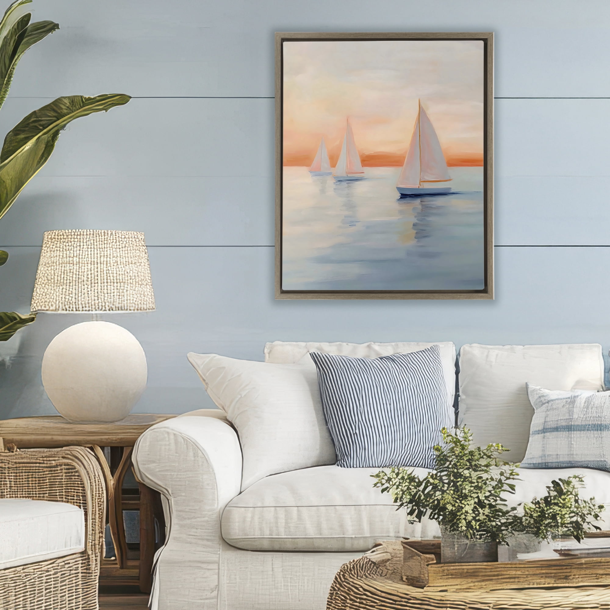 Stupell Industries Sunset Sailboats Over Calm Sea Brown Framed Floater Canvas Wall Art, design by Creative Studio