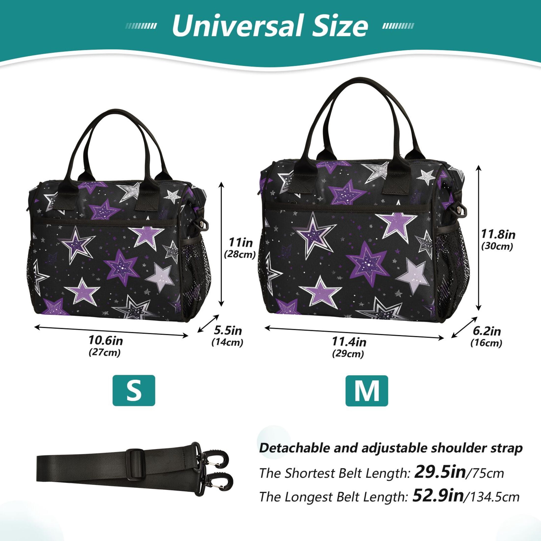 Lunch Bag Insulated Lunch Box Leakproof Reusable Cooler Tote Adjustable Shoulder Strap for Men Women Stars with Silver and Purple 9L