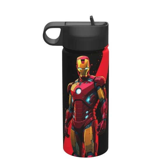 Iron Man Water Bottle with Straw Lid 18Oz Stainless Steel Vacuum Insulated Wide Mouth Water Bottles Cup for Boys Girls