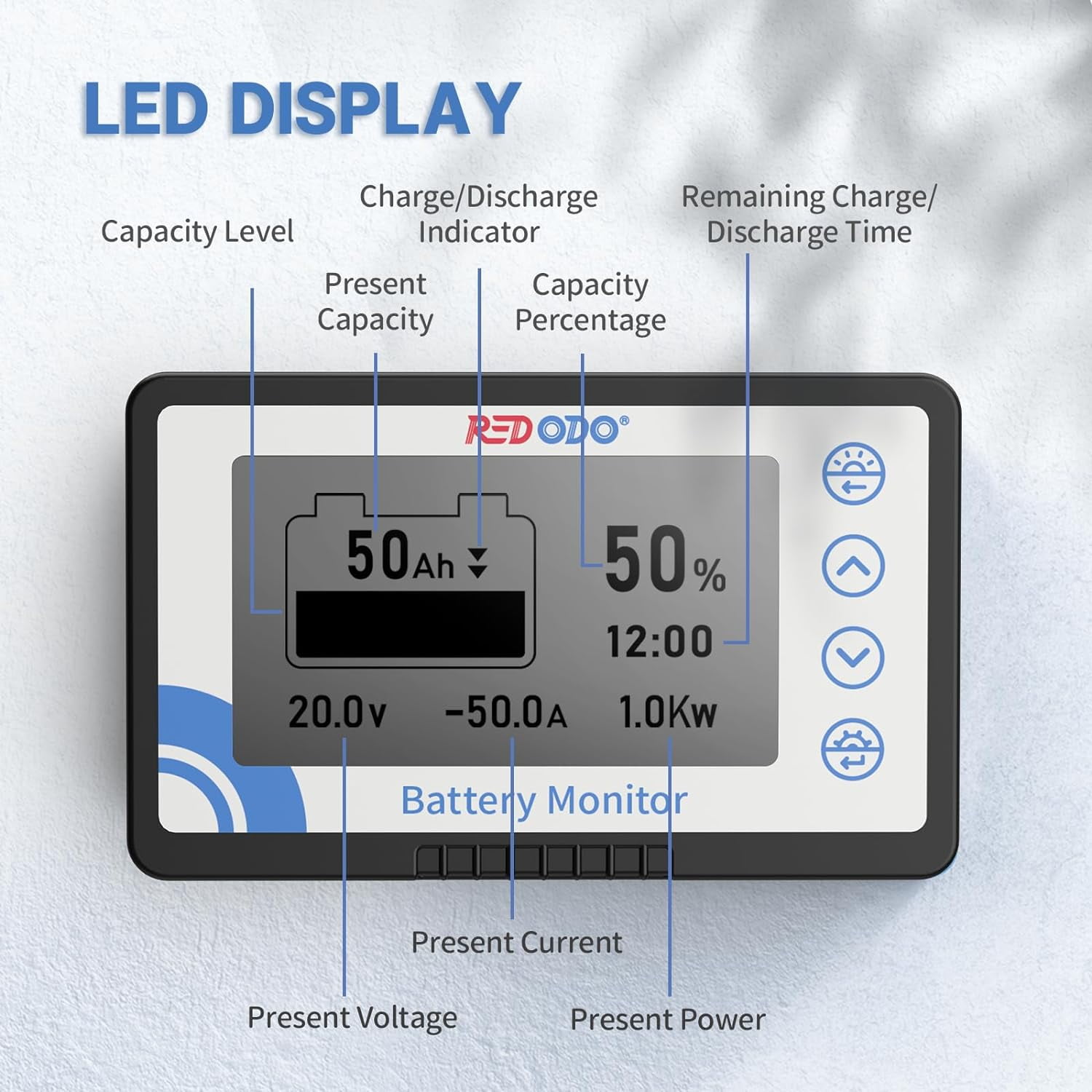 Redodo Battery Monitor with Shunt, Battery Meter Voltage Range 8V-120V and up to 500A, 20ft Shielded Cable, High and Low Voltage Programmable Alarm Compatible with LiFePO4 Battery, Gel, Lead-Acid